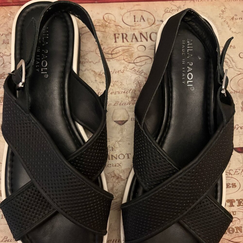 Mila Paoli Black Cross-Strap Sandals, Made in Italy